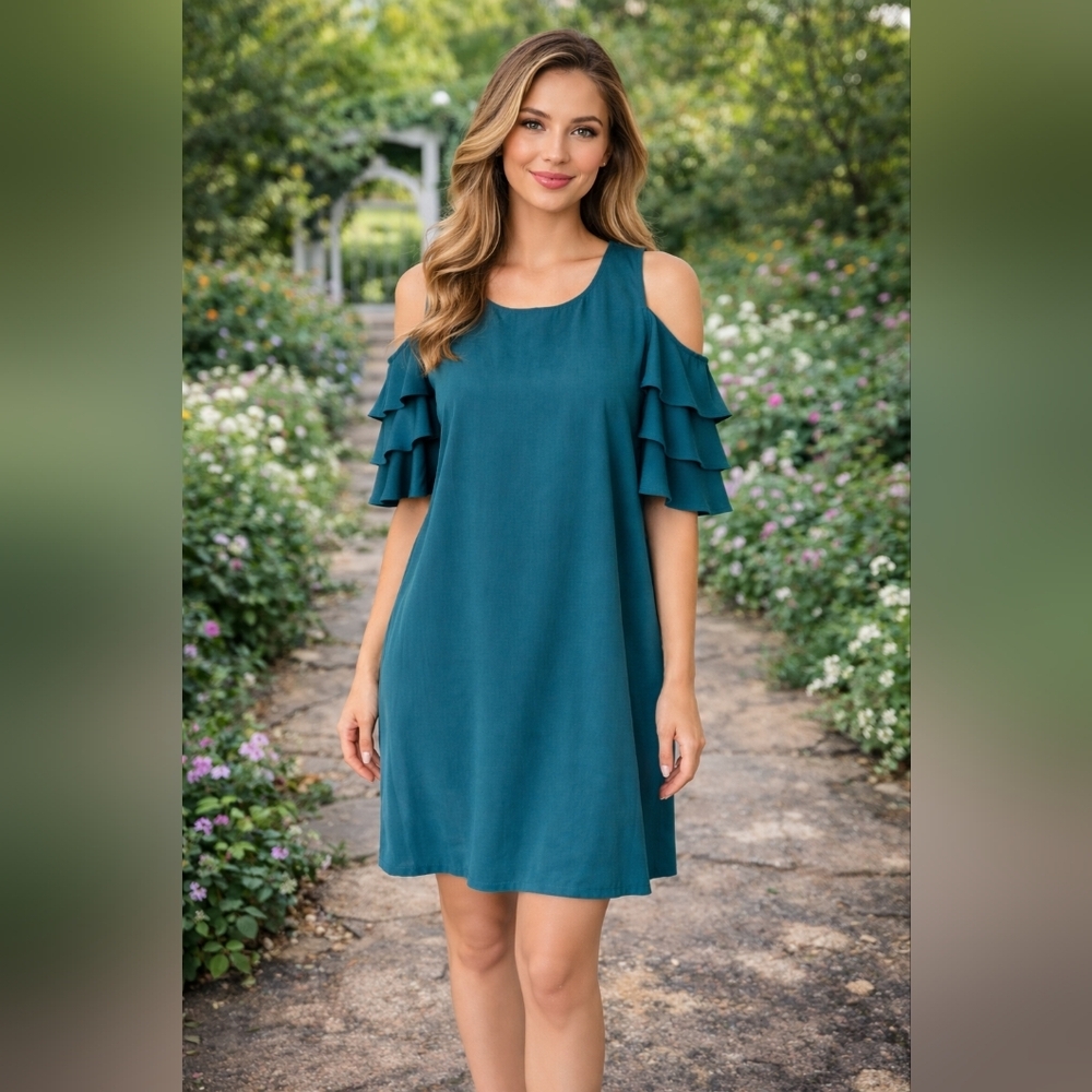 Umgee Cold Shoulder Deep Teal Ruffle Sleeved Dress